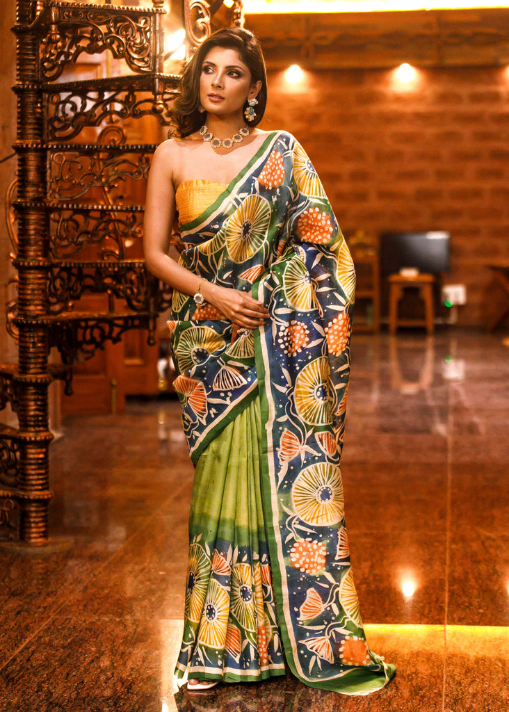 Green pure bishnupuri saree with exclusive hand batik work