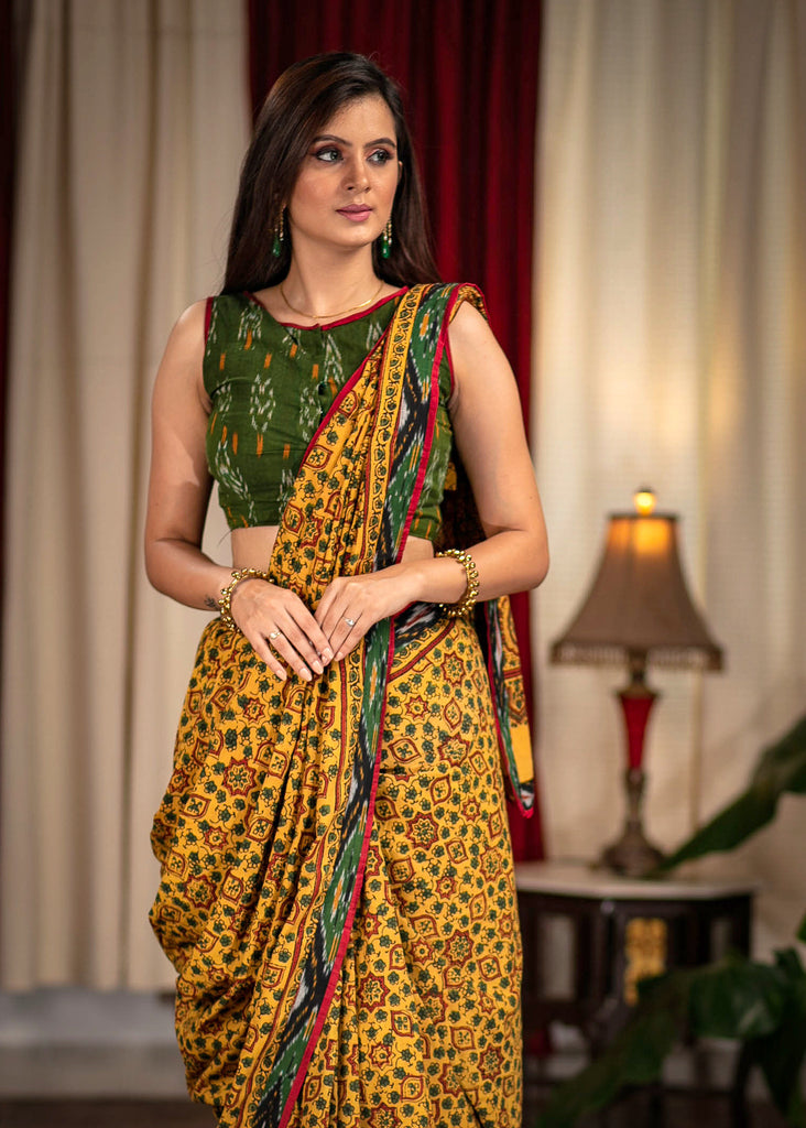 Exclusive hand block printed yellow Ajrakh saree