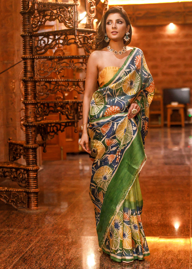 Green pure bishnupuri saree with exclusive hand batik work