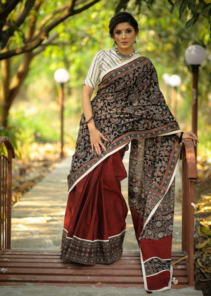 Exclusive block printed Ajrakh & maroon handloom cotton combination saree