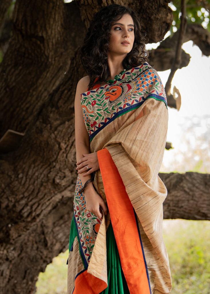 Exclusive pure raw silk & green cotton silk combination saree with hand painted madhubani border