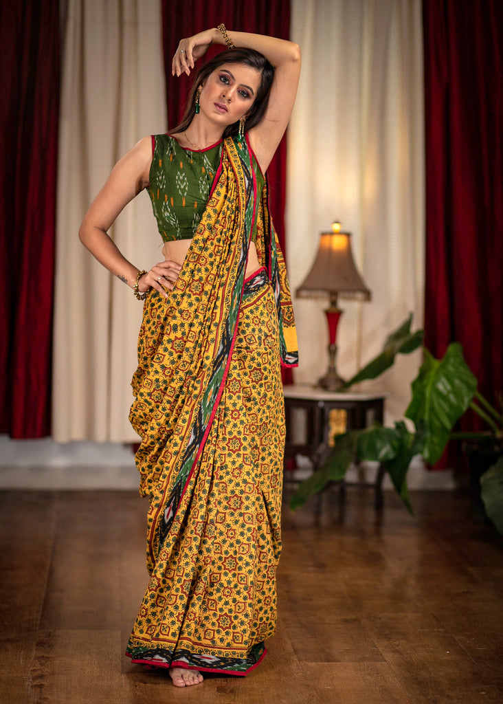 Exclusive hand block printed yellow Ajrakh saree