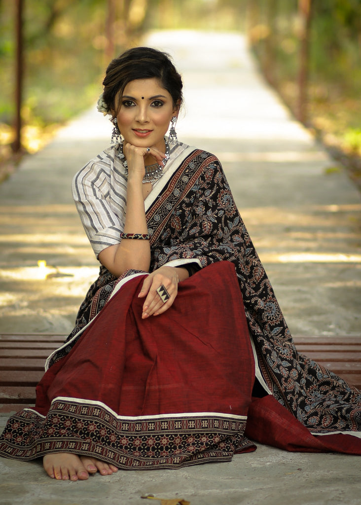 Exclusive block printed Ajrakh & maroon handloom cotton combination saree