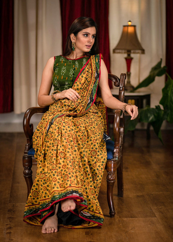 Exclusive hand block printed yellow Ajrakh saree