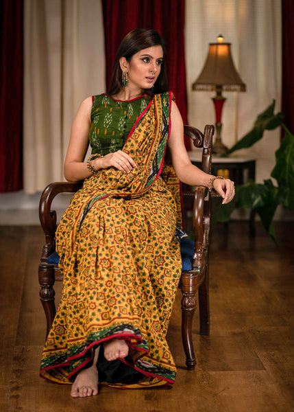 Exclusive hand block printed yellow Ajrakh saree