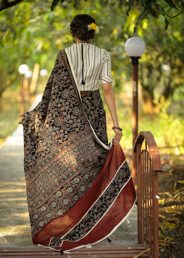 Exclusive block printed Ajrakh & maroon handloom cotton combination saree
