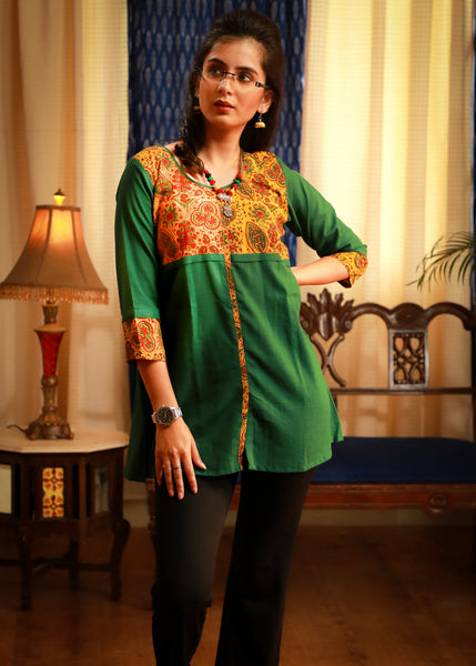 Ajrakh block printed mustard yoke matched with emerald green pure cotton top