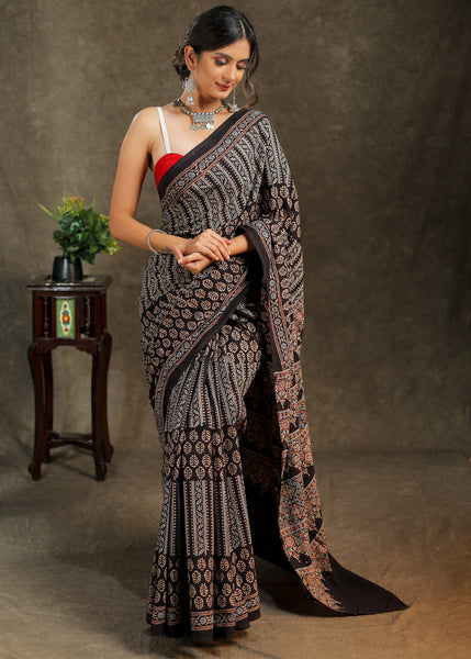 Black & blue combination Cotton Ajrakh saree