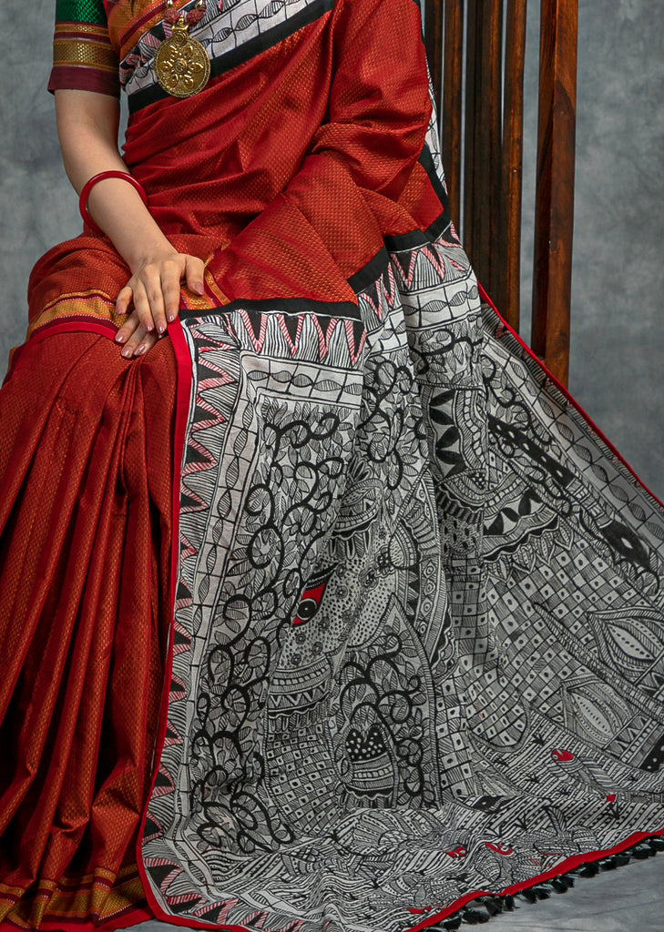 Exclusive Khun saree with intricate hand painted madhubani painted pallu & border