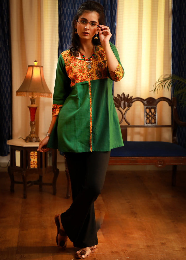 Ajrakh block printed mustard yoke matched with emerald green pure cotton top