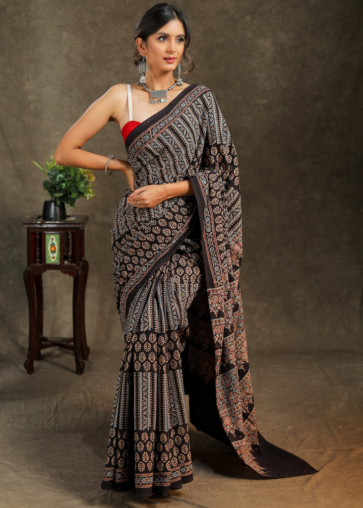 Black & blue combination Cotton Ajrakh saree