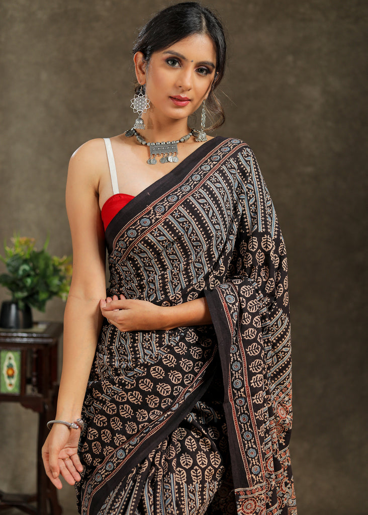 Black & blue combination Cotton Ajrakh saree