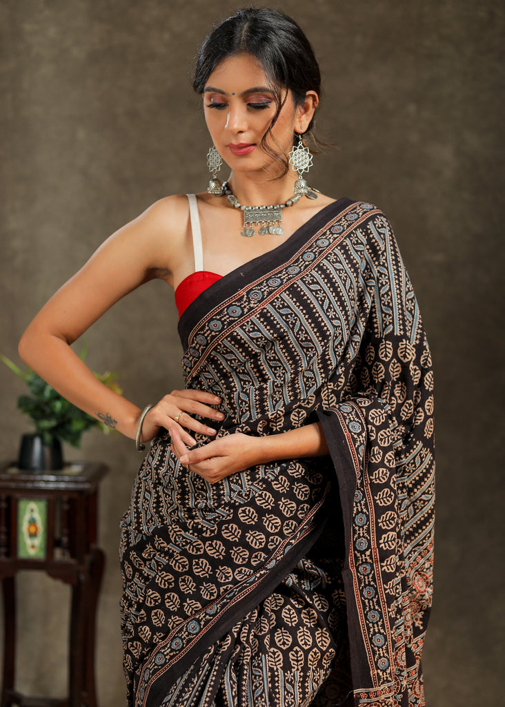 Black & blue combination Cotton Ajrakh saree