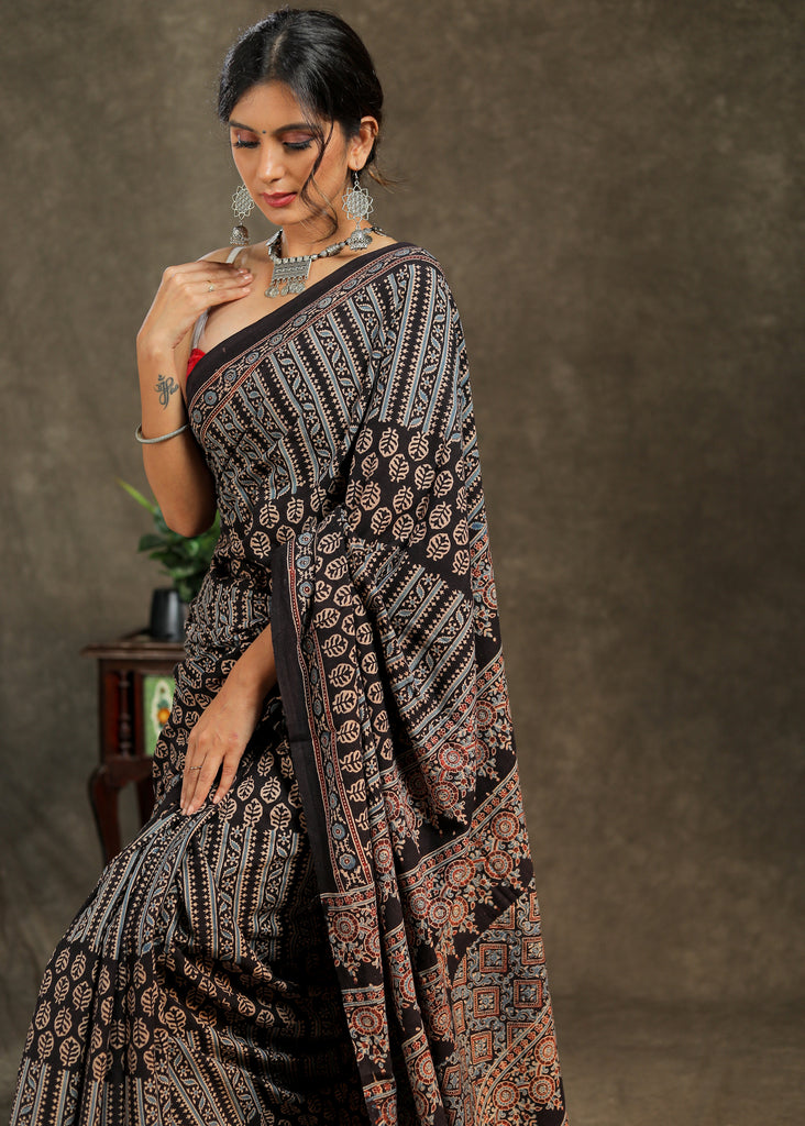 Black & blue combination Cotton Ajrakh saree