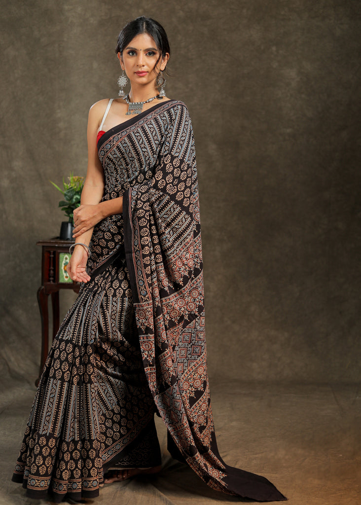 Black & blue combination Cotton Ajrakh saree