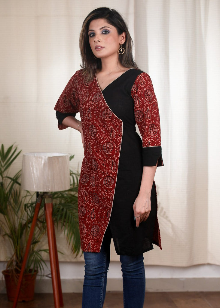 Ajrakh combination maroon and black cotton tunic