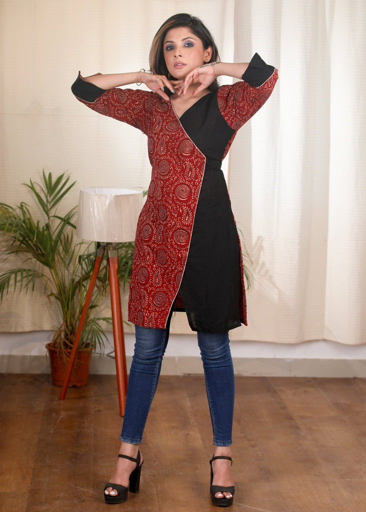 Ajrakh combination maroon and black cotton tunic