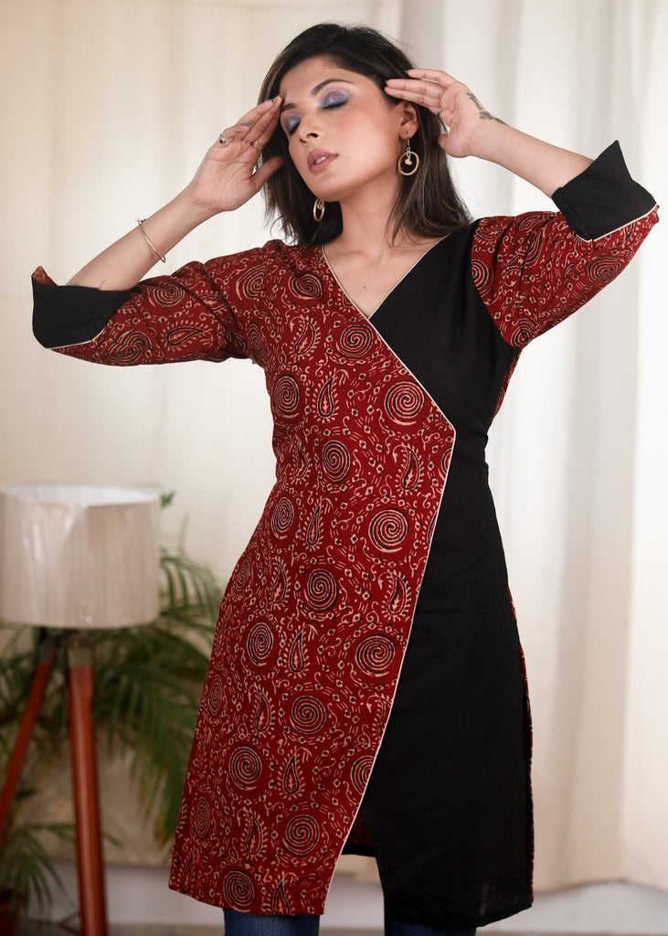 Ajrakh combination maroon and black cotton tunic