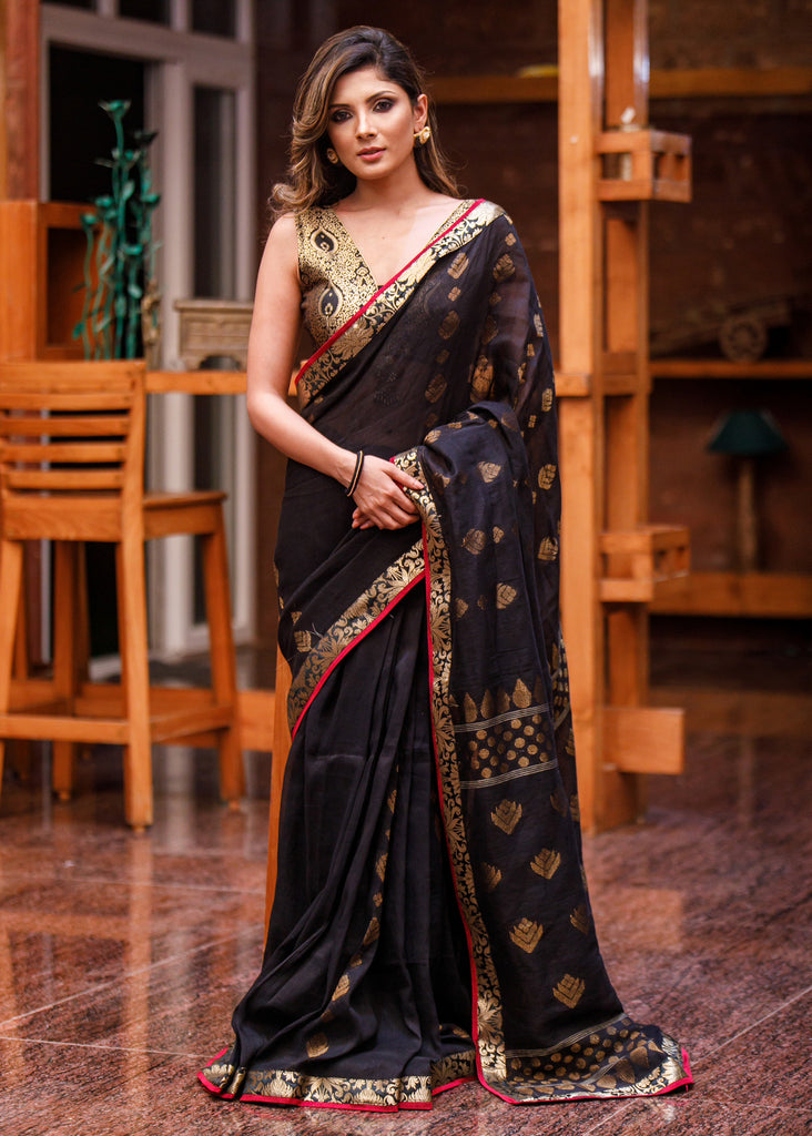 Exclusive black linen jamdani work saree benarasi border