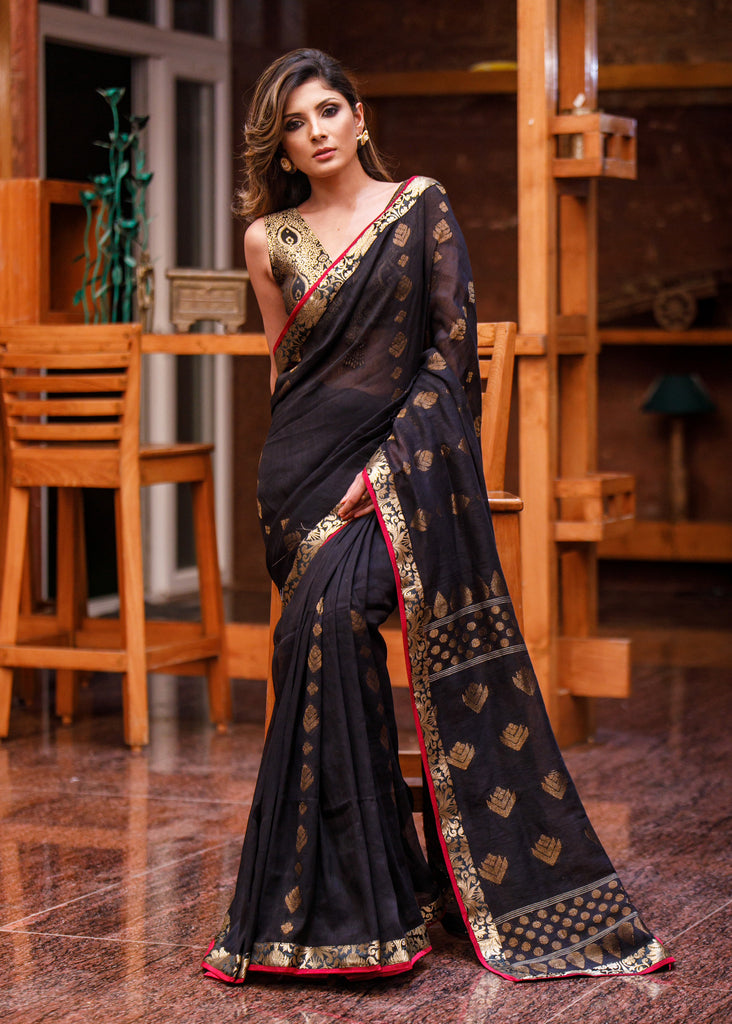 Exclusive black linen jamdani work saree benarasi border