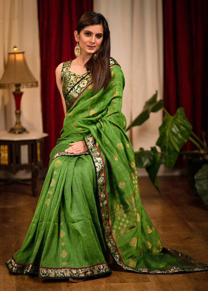 Green Jamdani organic linen saree with benarasi border