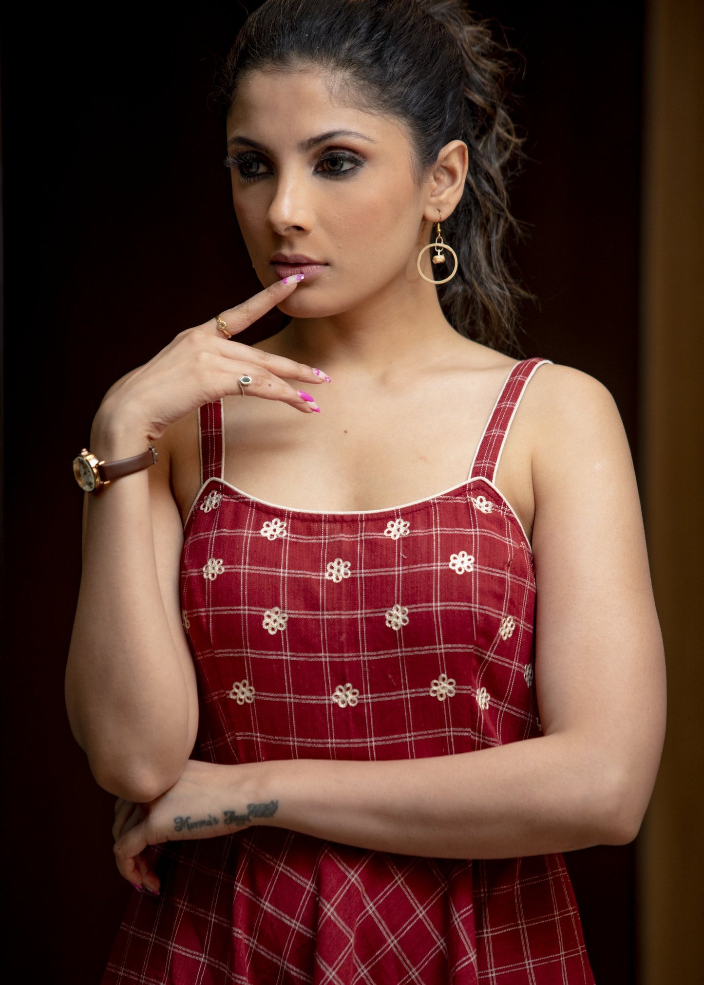 Red checks strapy handloom cotton dress with foral emboidery on yoke