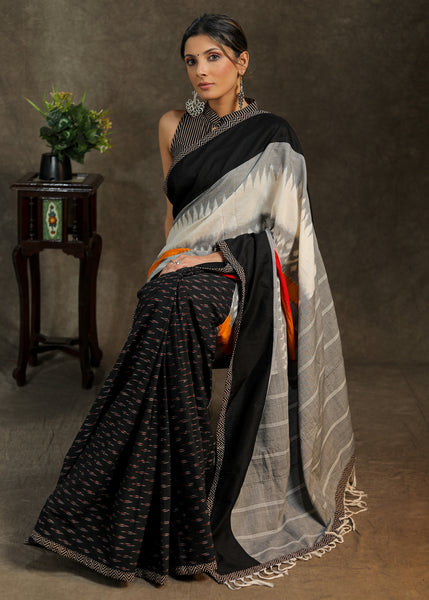 Graceful black Ikkat Cotton saree with white and grey combination Pallu