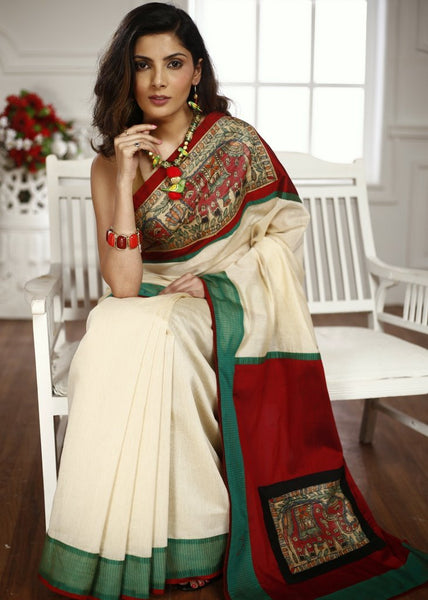 Exclusive hand painted madhubani work in front & pallu with beige chanderi combination saree - Sujatra