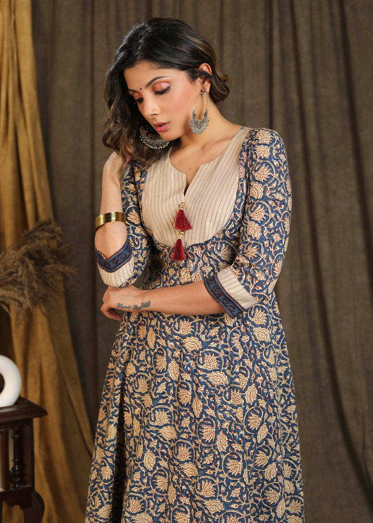 Elegant Blue Printed Kurta / One Piece Dress with Contrast Pintucks On Yoke - Pant Optional