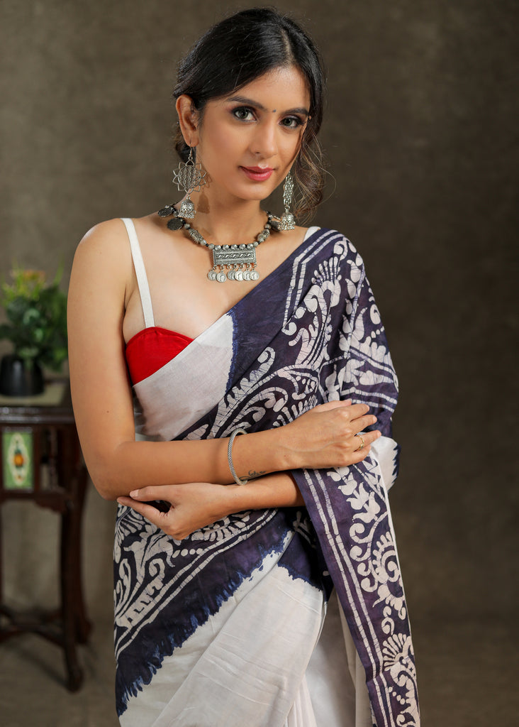 Exquisite mul Cotton white and blue combination saree