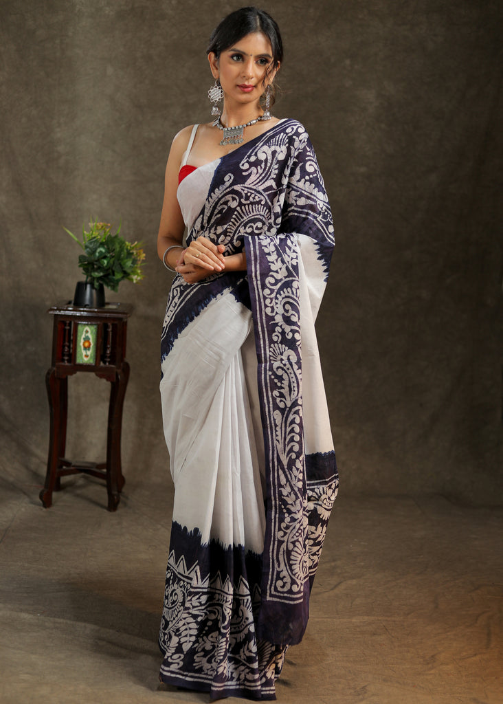 Exquisite mul Cotton white and blue combination saree