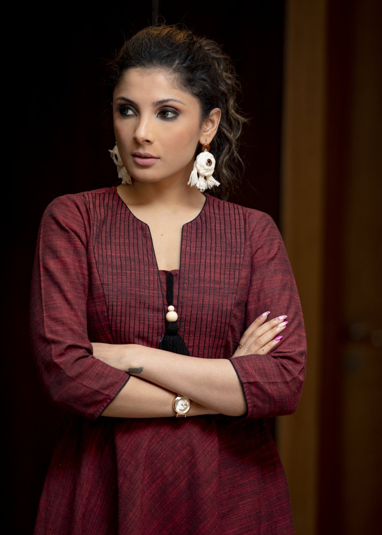 Exclusive maroon pure cotton dress with pintucks infront