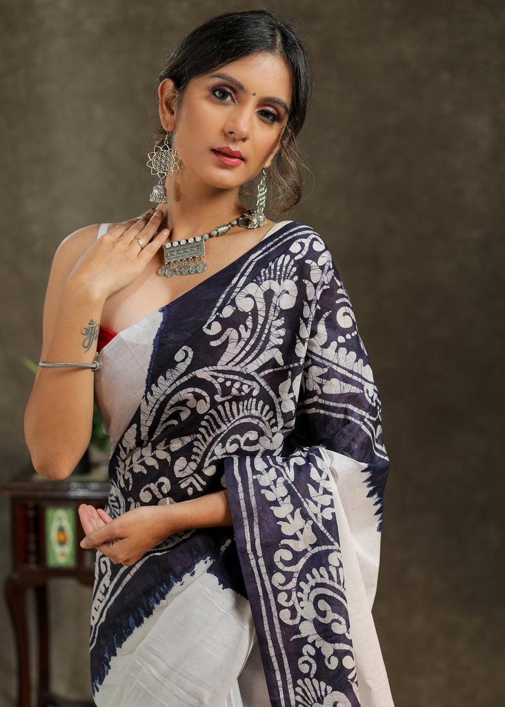 Exquisite mul Cotton white and blue combination saree