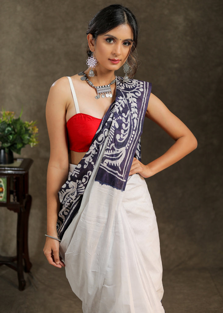 Exquisite mul Cotton white and blue combination saree