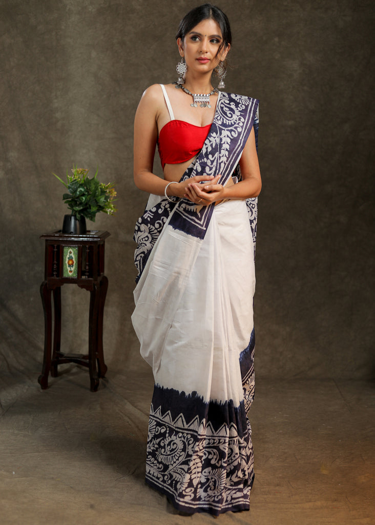 Exquisite mul Cotton white and blue combination saree