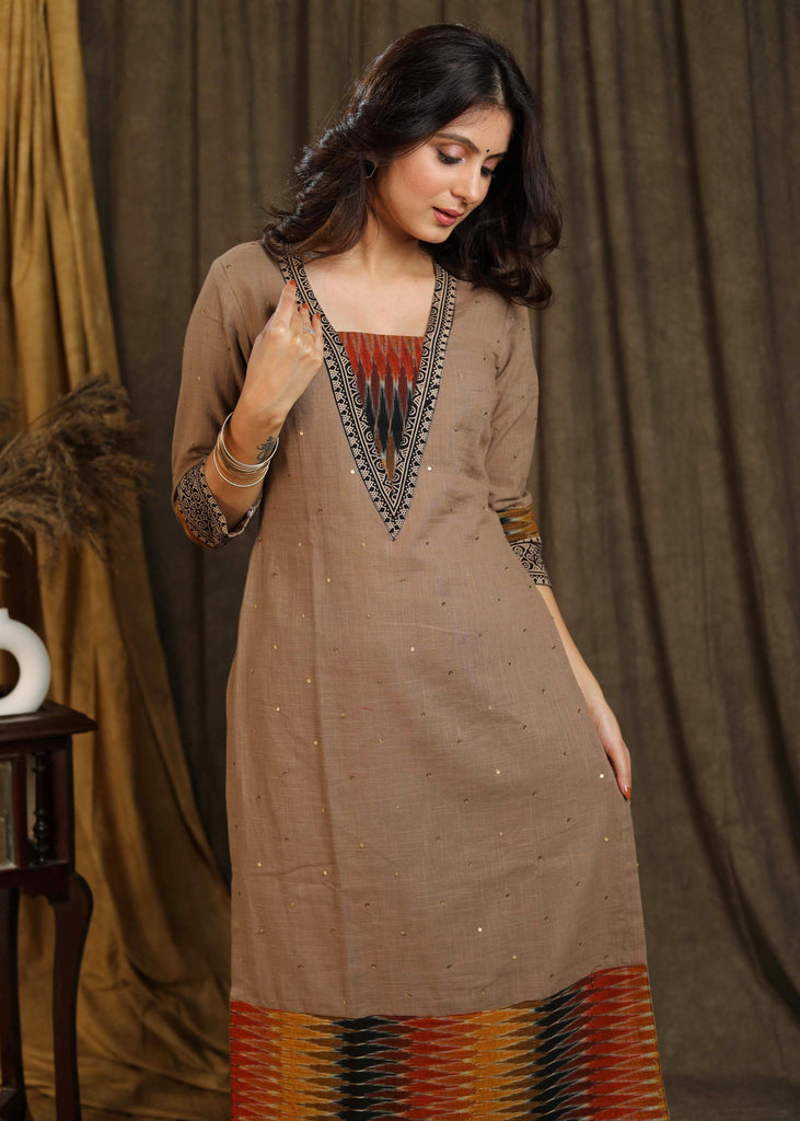 Smart Cotton Beige & Multicolor Ikat Straight Cut Kurta with All Over Sequence Hand Work - Pant Optional