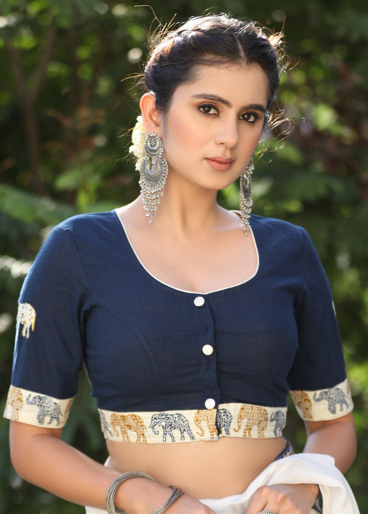 Exclusive Royal Blue Cotton Combination Blouse with Painted Elephant Motifs