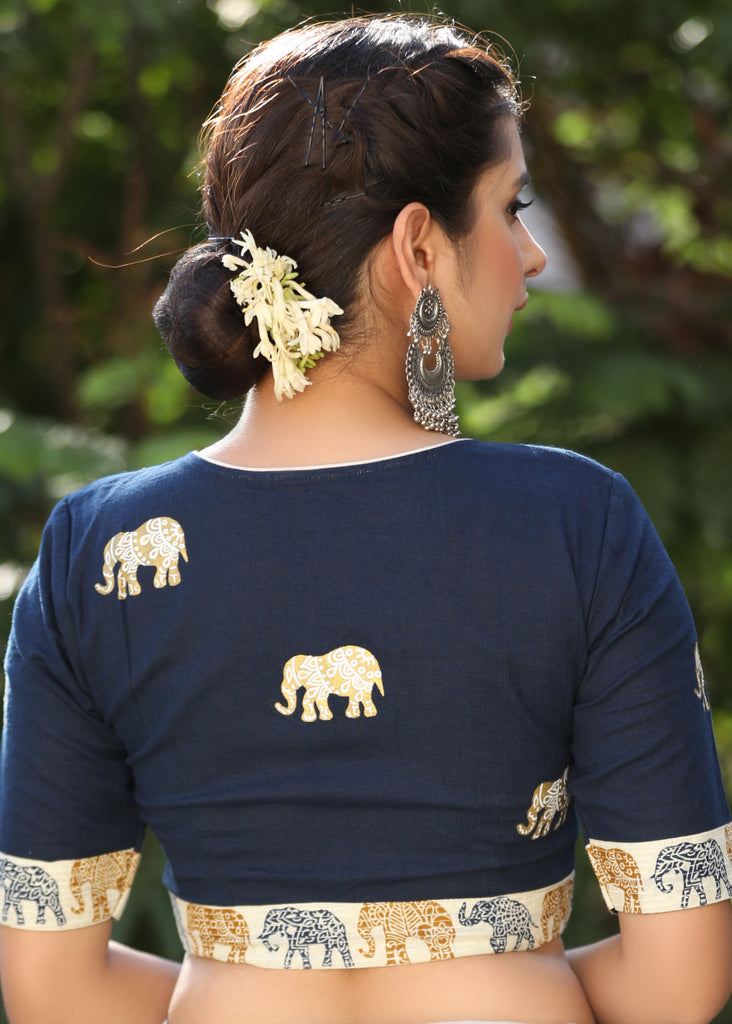 Exclusive Royal Blue Cotton Combination Blouse with Painted Elephant Motifs