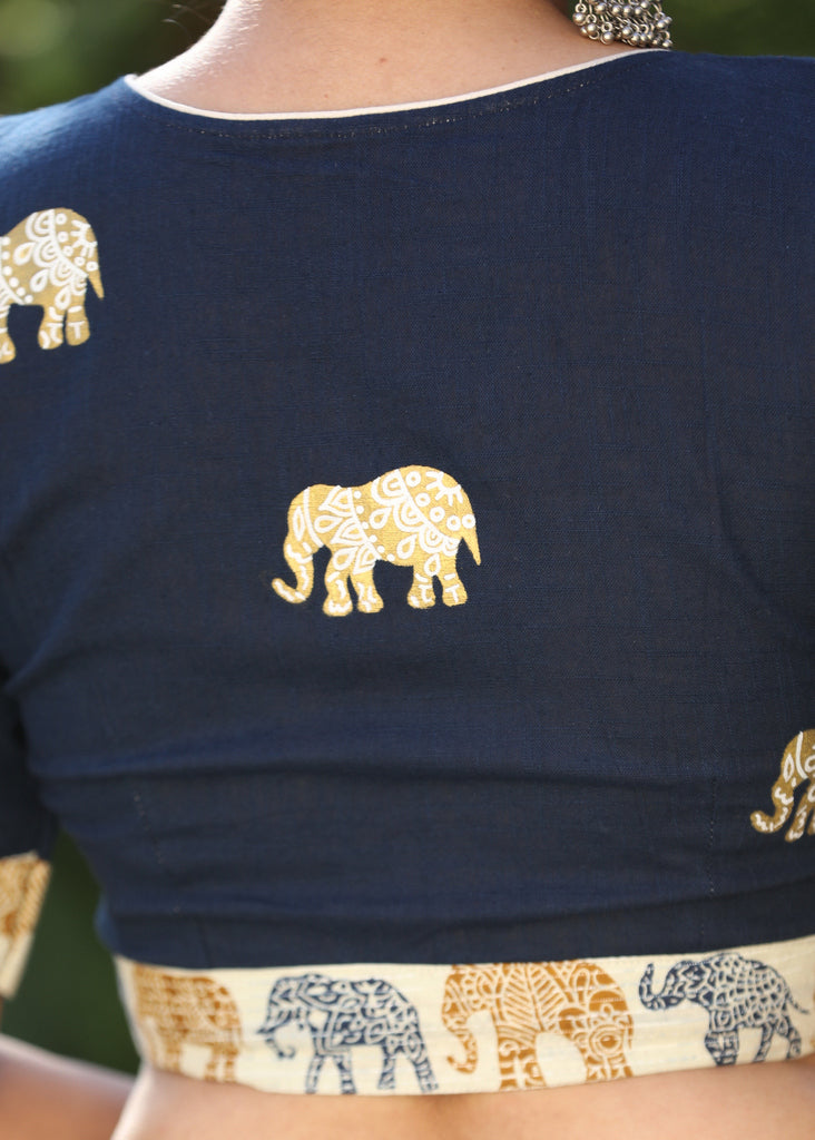 Exclusive Royal Blue Cotton Combination Blouse with Painted Elephant Motifs
