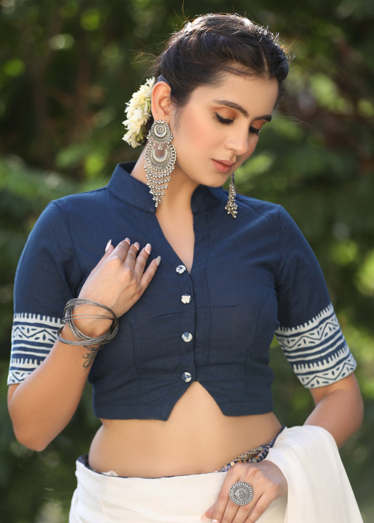 Blue Cotton Slub Blouse with Mandarin Collar and Indigo Border