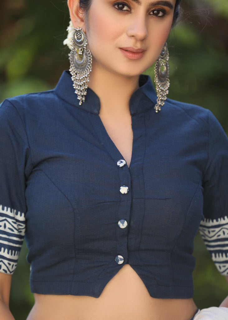 Blue Cotton Slub Blouse with Mandarin Collar and Indigo Border