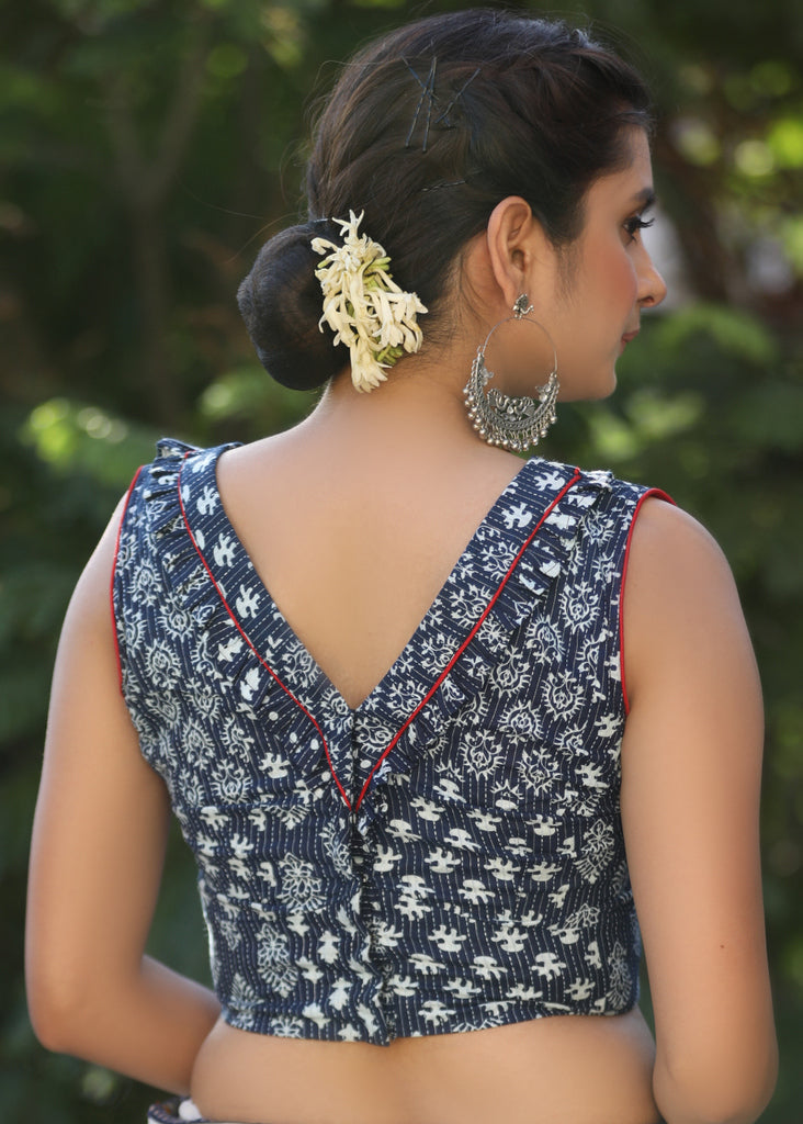 Beautiful Kantha Indigo Patchwork Print Frilled Neckline Blouse