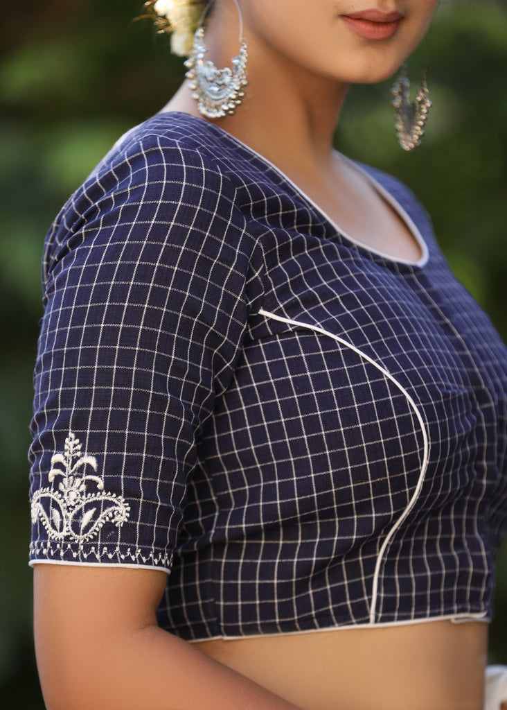 Elegant Navy Blue Checks Blouse with Exquisite Embroidered motif on Back and Sleeves