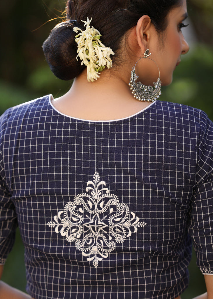 Elegant Navy Blue Checks Blouse with Exquisite Embroidered motif on Back and Sleeves