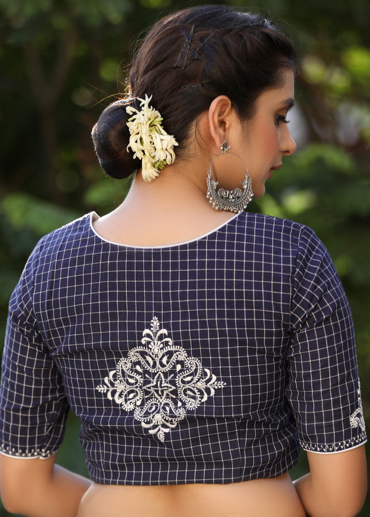 Elegant Navy Blue Checks Blouse with Exquisite Embroidered motif on Back and Sleeves