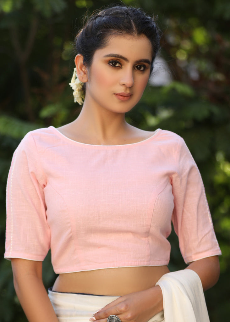 Baby Pink Cotton Blouse with Applique Work and Embroidery Detailing on the Sleeves