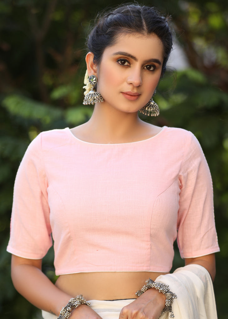 Baby Pink Cotton Blouse with Applique Work and Embroidery Detailing on the Sleeves