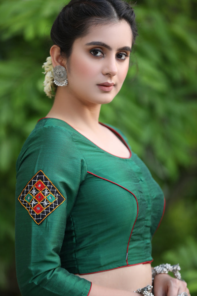 Green Cotton Silk Blouse with Kutch Embroidered Patch