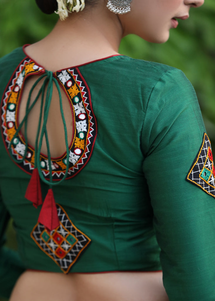 Green Cotton Silk Blouse with Kutch Embroidered Patch