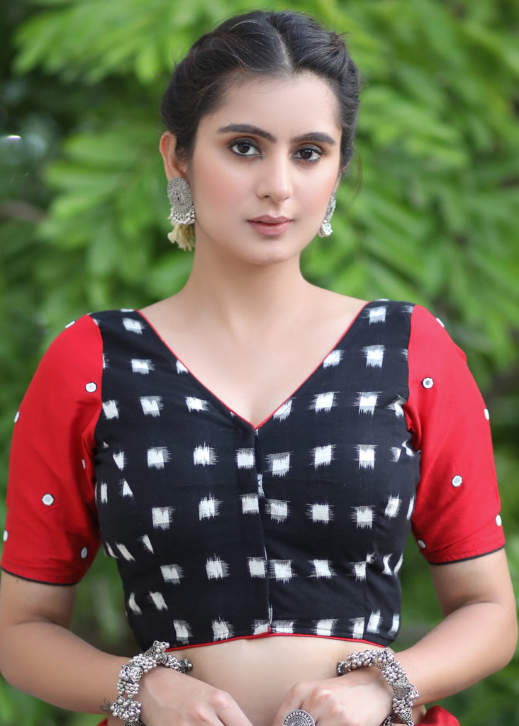 Standout Black Ikat Cotton Blouse with Red Cotton Silk Sleeves and Mirrorwork Detailing